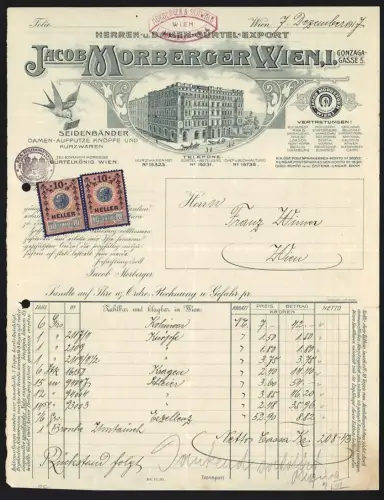 Rechnung Wien, 1917, Jacob Morberger, Herren- u. Damen-Gürtel, Seidenbänder, Damen-Aufputze, Blick auf die Fabrik