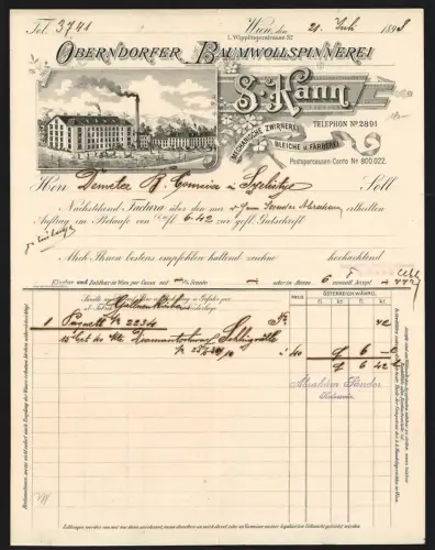 Rechnung Wien 1898, S. Kann, Oberndorfer Baumwoll-Spinnerei, Mechanische Zwirnerei, Färberei, Blick auf das Werk