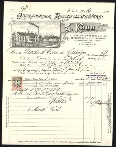 Rechnung Wien 1898, S. Kann, Oberndorfer Baumwoll-Spinnerei, Mechanische Zwirnerei, Bleiche, Blick auf das Werk