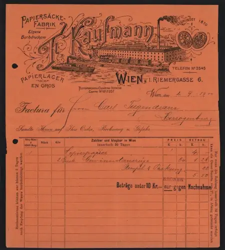 Rechnung Wien 1900, F. Kaufmann, Papiersäcke-Fabrik, Papierlager en gros, Werk am Fluss mit Gleisanlage