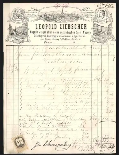 Rechnung Wien, Leopold Liebscher, Magazin & Lager aller in- u. ausländischen Spiel-Waren, Strassenansichten
