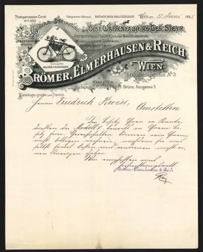 Rechnung Wien 1895, Brömer, Elmerhausen & Reich, Abt. für Fahrräder, Spezialität Militärfahrräder, Ansicht Armee-Fahrrad