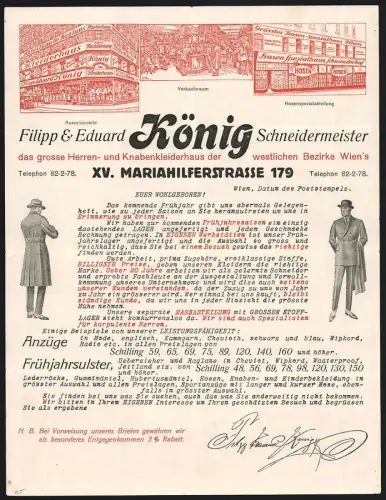 Briefkopf Wien, Filipp & Eduard König, Schneidermeister, Aussenansicht vom Geschäft, Verkaufsraum