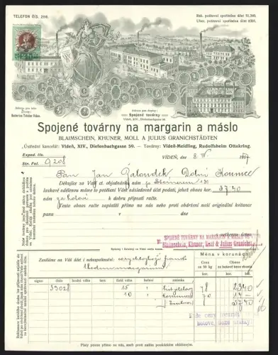 Rechnung Wien, Meidling 1907, Julius Granichstädten, Spojené továrny na margarin a máslo, Blick auf das Werk