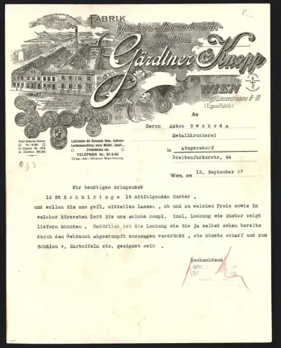 Briefkopf Wien 1927, Gärdtner & Knopp, Wäscherei- u. Hauswirtschafts-Maschinen, Fabrik aus der Vogelschau