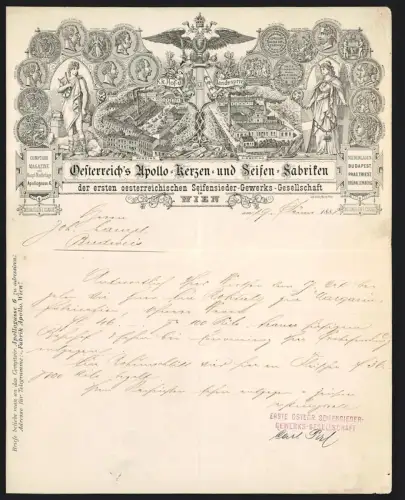 Briefkopf Wien 1881, Oesterreich`s Apollo-Kerzen- und Seifen-Fabriken, Seifensieder-Gesellschaft, Werksgelände