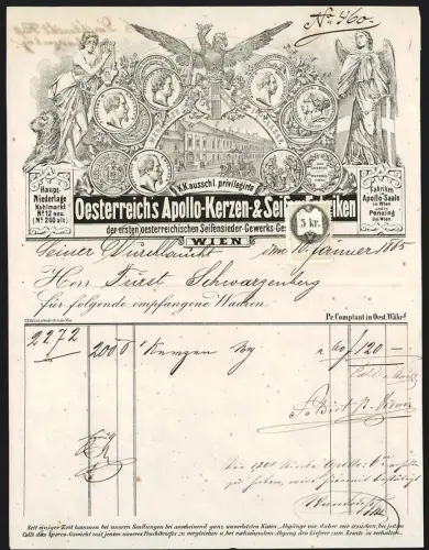 Rechnung Wien 1865, Oesterreich`s Apollo-Kerzen- und Seifen-Fabriken, Seifensieder-Gesellschaft, Werksgelände