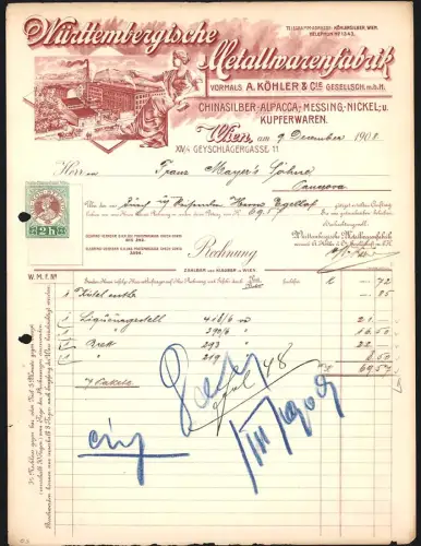 Rechnung Wien 1908, Württembergische Metallwarenfabrik vormals A. Köhler & Cie., Nickel- u. Kupferwaren, Fabrikansicht