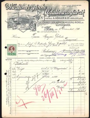 Rechnung Wien 1911, Württembergische Metallwarenfabrik vormals A. Köhler & Cie., Nickel- u. Kupferwaren, Fabrikansicht