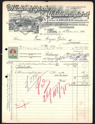 Rechnung Wien 1911, Württembergische Metallwarenfabrik vormals A. Köhler & Cie., Messing- u. Kupferwaren, Fabrikansicht