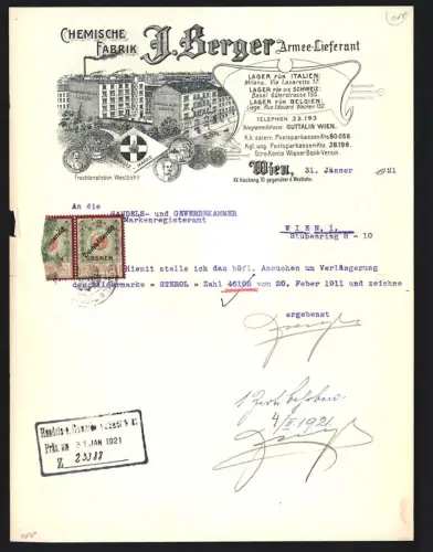 Briefkopf Wien 1921., H. Berger, Chemische Fabrik und Armee-Lieferant, Vogelschau auf die Fabrik
