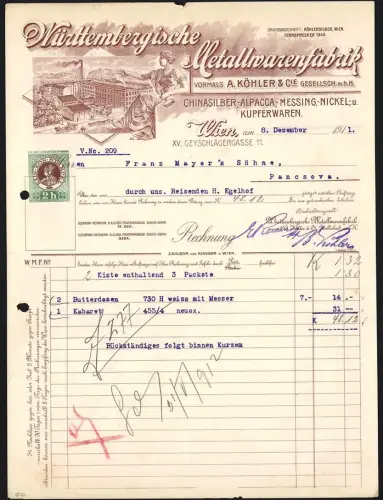 Rechnung Wien 1911, Württembergische Metallwarenfabrik in der Geyschlagergasse 11, Vogelschau auf die Fabrik