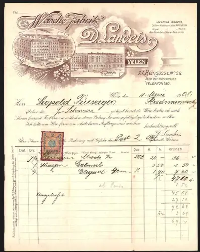 Rechnung Wien 1908, D. Landeis, Wäsche-Fabrik, Aussenansicht der Fabriken