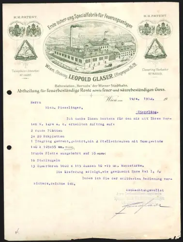 Rechnung Wien 1912, Leopold Glaser, Specialfabrik für Feuerungsanlagen, Effingergasse 26/28, Aussenansicht der Fabrik