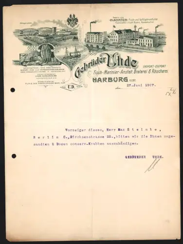 Briefkopf Harburg 1907, Gebrüder Uhde, Fisch-Marinier-Anstalt, Vogelschau auf Fabrik mit Schornsteinen