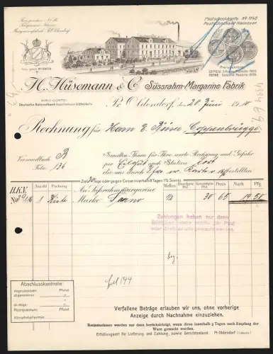 Rechnung Pr. Oldendorf 1910, H. Hüsemann & Co., Süssrahm-Margarine-Fabrik, Aussenansicht der Fabrik mit Grünanlagen