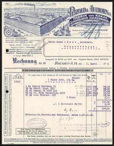 Rechnung Dresden 1919, Petzold & Aulhorn, Fabrik von Kakao, Schokoladen und Zuckerwaren, Fabrik aus der Vogelschau