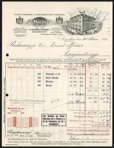 Rechnung Dresden 1919, E. Robert Böhme, Kios, Türk. Tabak-Fabrik, Aussenansicht der Fabrik