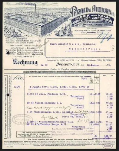 Rechnung Dresden 1919, Petzold & Aulhorn, Fabrik von Kakao und Schokoladen, Vogelschau auf die Fabrik