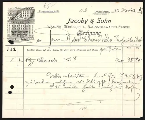 Rechnung Dresden 1907, Jacoby & Sohn, Wäsche- u. Baumwollfabrik, Strassenpartie mit der Fabrik