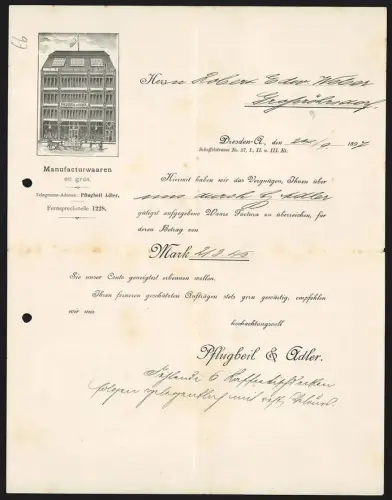 Rechnung Dresden 1897, Pflugbeil Adler, Manufacturwaren, Geschäft aus der Aussenansicht