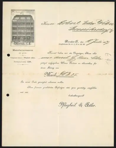 Rechnung Dresden 1897, Pflugbeil Adler, Manufacturwaren, Geschäft aus der Aussenansicht
