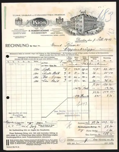 Rechnung Dresden 1919, E. Robert Böhme, Kios Türk. Tabak-Fabrik, Aussenansicht der Fabrik