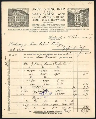 Rechnung Dresden 1924, Greve & Teschner, Fabrik-Engros-Lager von Kurz- und Spielwaren, Aussenansicht der Lager