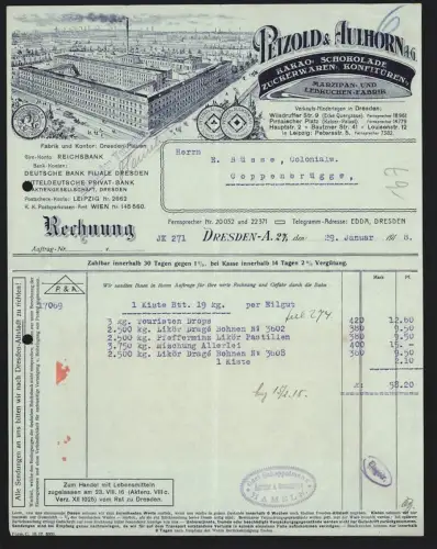 Rechnung Dresden 1918, Petzold & Aulhorn, Kakao- und Schokoladenfabrik, Vogelschau auf Fabrik mit Schornstein