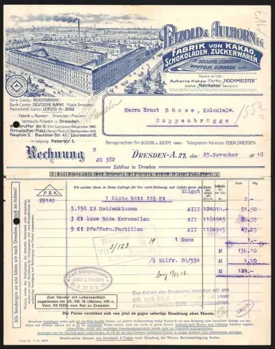 Rechnung Dresden 1918, Petzold & Aulhorn, Kakao- und Schokoladenfabrik, Vogelschau auf die Fabrik