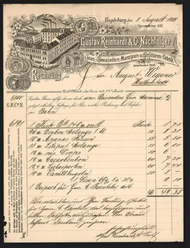 Rechnung Magdeburg 1908, Gustav Reinhardt & Co., Cacao- und Confitüren-Fabrik, Vogelschau auf die Fabrik