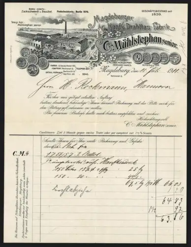Rechnung Magdeburg 1911, C. Mühlstephan sr., Hanf- u. Drahttau-Fabrik, Vogelschau auf die Fabrik