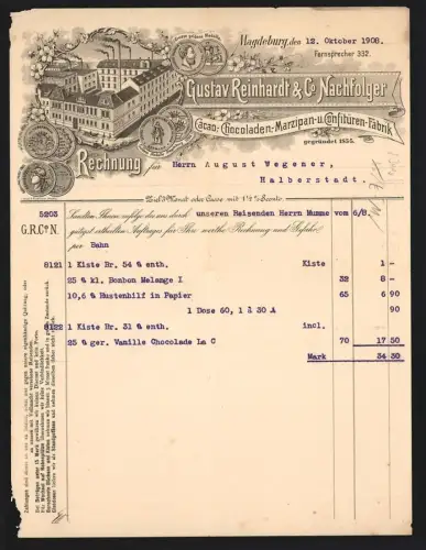 Rechnung Magdeburg 1908, Gustav Reinhardt & Co., Cacao- und Confitürenfabrik, Vogelschau auf die Fabrik