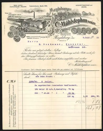 Rechnung Magdeburg 1913, C. Mühlstephan sr., Hanf- u. Drahttaufabrik, Vogelschau auf die Fabrik mit Schornstein