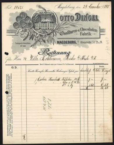 Rechnung Magdeburg 1898, Otto Dingel, Confitüren- u. Chocoladenfabrik, Vogelschau auf die Fabrik