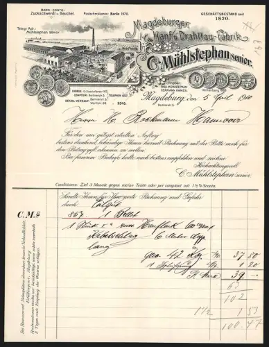 Rechnung Magdeburg 1910, C. Mühlstephan sr., Hanf- u. Drahttaufabrik, Vogelschau auf die Fabrik mit Münzen