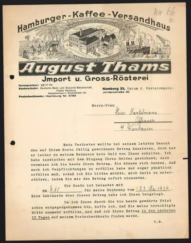 Briefkopf Hamburg, August Thams, Import und Rösterei für Kaffee, Vogelschau auf Fabrik und Kaffee-Ernte