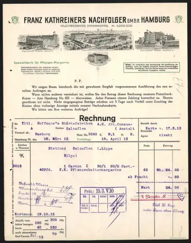 Rechnung Hamburg 1913, Franz Kathreiner, Fabrik für Pflanzen-Margarine, Etablissement in Hamburg