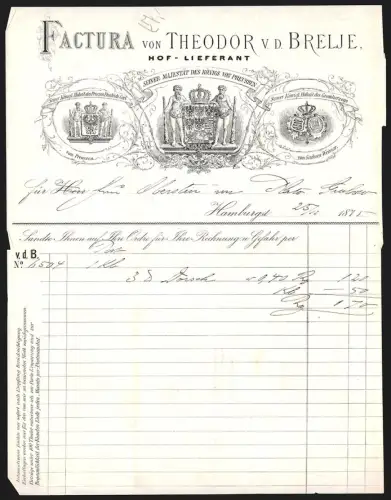 Rechnung Hamburg 1895, Theodor v. d. Brelje, Hof-Lieferant, Wappen von Preussen und Sachsen-Weimar