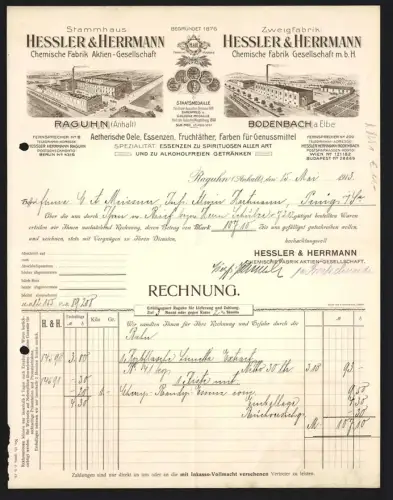 Rechnung Raguhn /Anhalt 1913, Hessler & Hermann, Chemische Fabriken für Essenzen, Fabrikanlagen an zwei Standorten