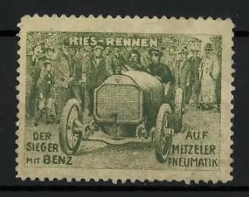Reklamemarke Metzeler Pneumatik, Ries-Rennen, Der Sieger mit Auto Benz Rennwagen