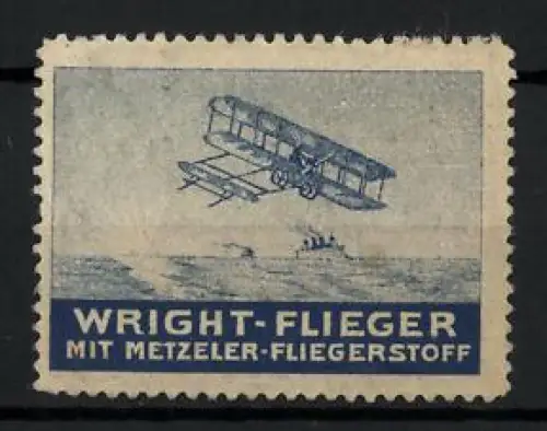 Reklamemarke Metzeler-Fliegerstoff, Wright-Flieger, Flugzeug über Wasser