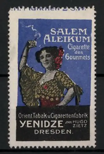 Reklamemarke Dresden, Yenidze Hugo Zietz, Tabakwaren, Salem Aleikum Zigaretten des Gourmets, Frau mit Zigarette