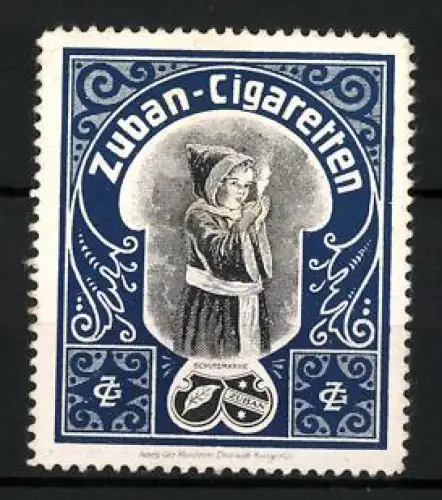 Künstler-Reklamemarke Ludwig Hohlwein, Zuban-Cigaretten, Schutzmarke, Münchner Kindl mit Zigarette