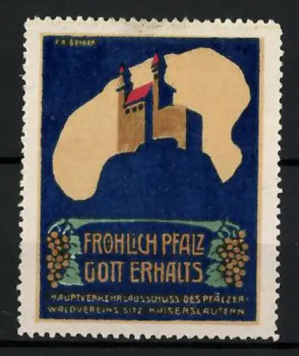 Reklamemarke Kaiserslautern, Fröhlich Pfalz Gott Erhalts, Burg Silhouette