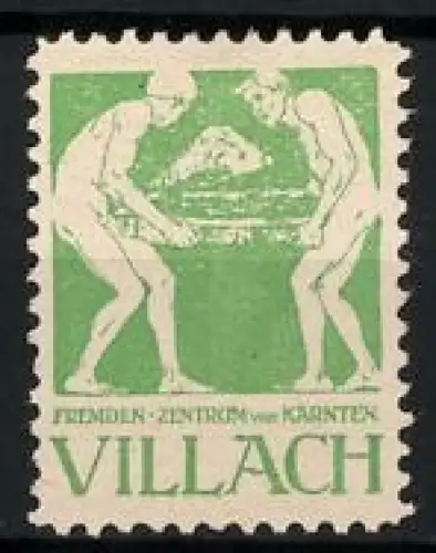 Reklamemarke Villach, Fremden-Zentrum von Kärnten, zwei Figuren mit Berg im Hintergrund