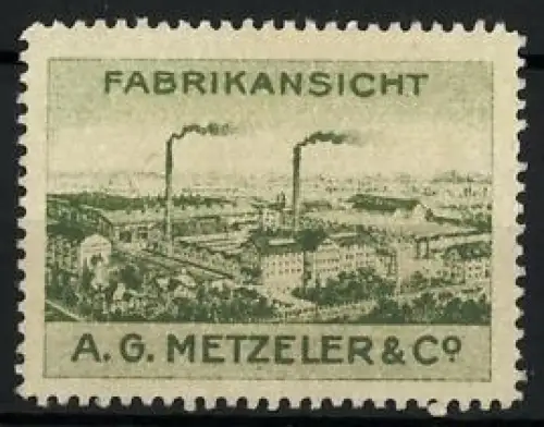 Reklamemarke Fabrikansicht, A.G. Metzeler & Co. Reifen & Aeroplanstoffe, Fabrikgebäude mit Schornsteinen