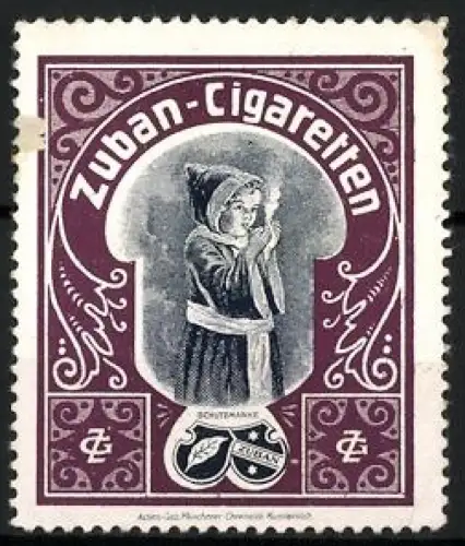 Künstler-Reklamemarke Ludwig Hohlwein, Zuban-Cigaretten, München, Münchner Kindl mit Zigarette