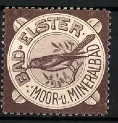 Reklamemarke Bad Elster, Moor- u. Mineralbad, Vogel Elster auf Zweig sitzend