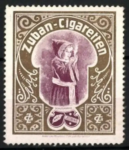 Künstler-Reklamemarke Ludwig Hohlwein, Zuban-Cigaretten, Schutzmarke, Münchner Kindl steckt sich Zigarette an